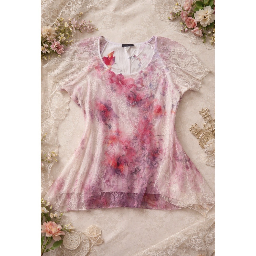 Brittney Black Women's 2X‎ Floral Lace Tunic Top Rhinestone Fairy Boho Romantic
